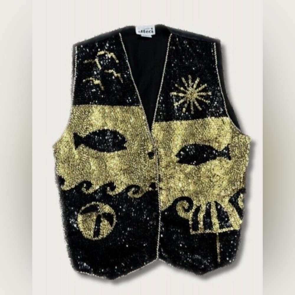 Vintage 1980s 1990s Creazionie Effeci Gold + Black Sequin Vest